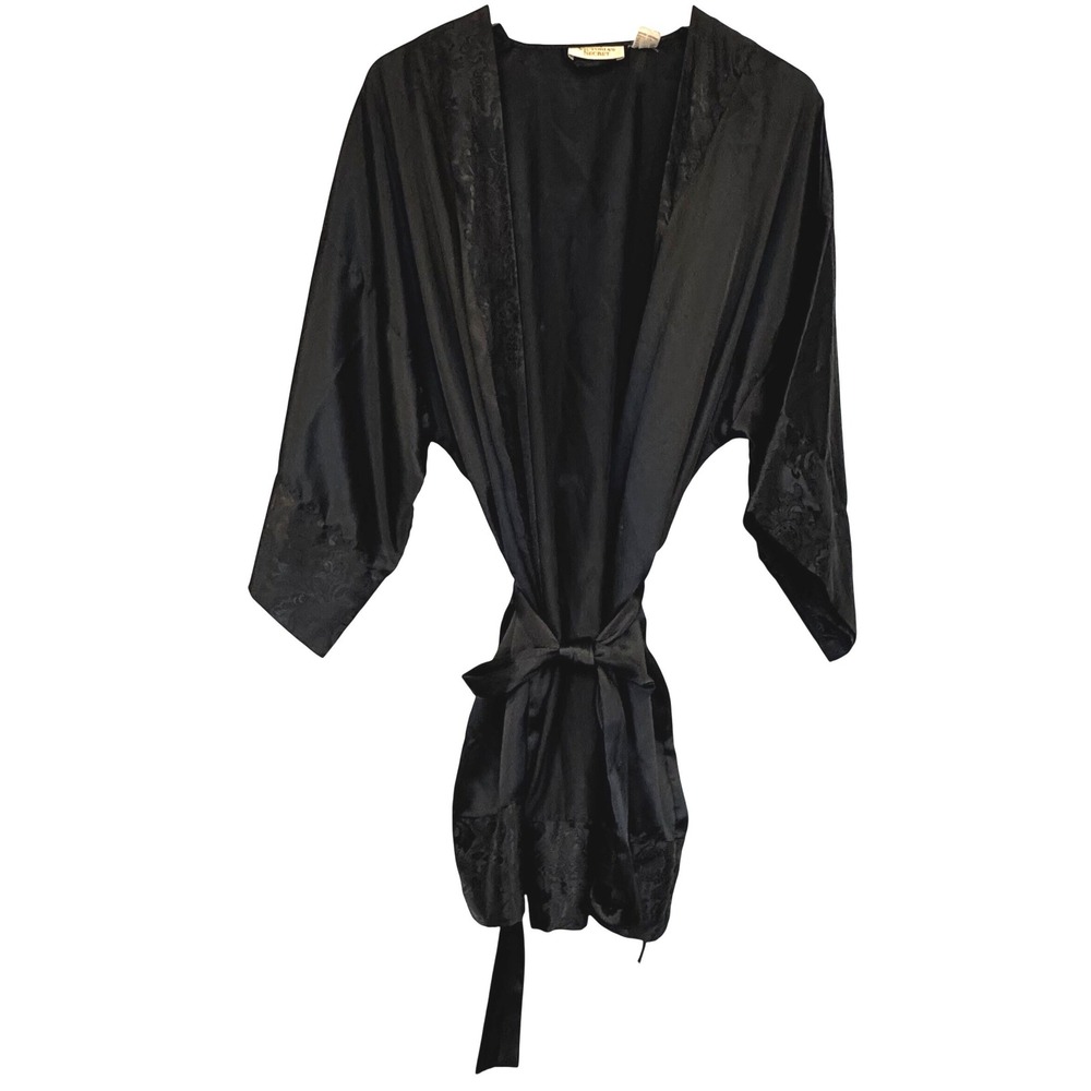 Vintage Victorias Secret Gold Label Lux Black Satin Floral Damask Trim Robe OS
